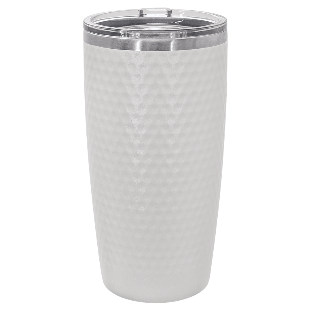 White golf ball dimple tumbler with slider lid, close-up of the dimpled finish