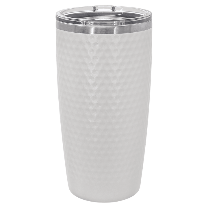 White golf ball dimple tumbler with slider lid, close-up of the dimpled finish