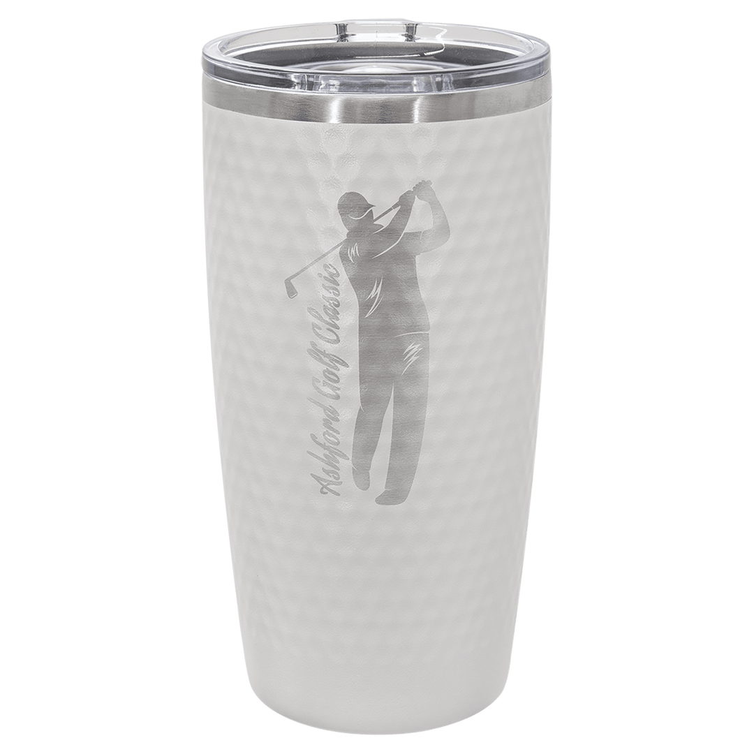 White golf ball dimple tumbler engraved with a golfer silhouette and tournament name