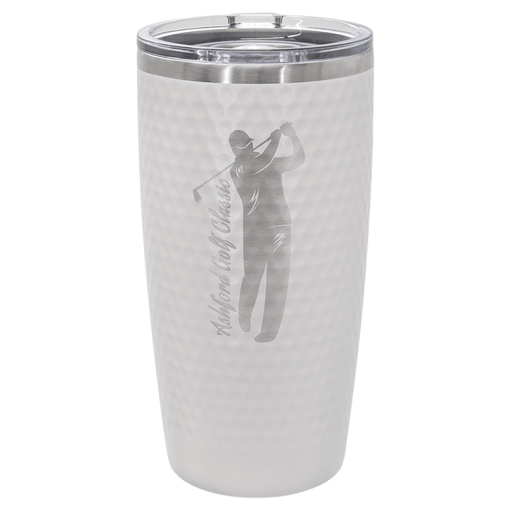 White golf ball dimple tumbler engraved with a golfer silhouette and tournament name