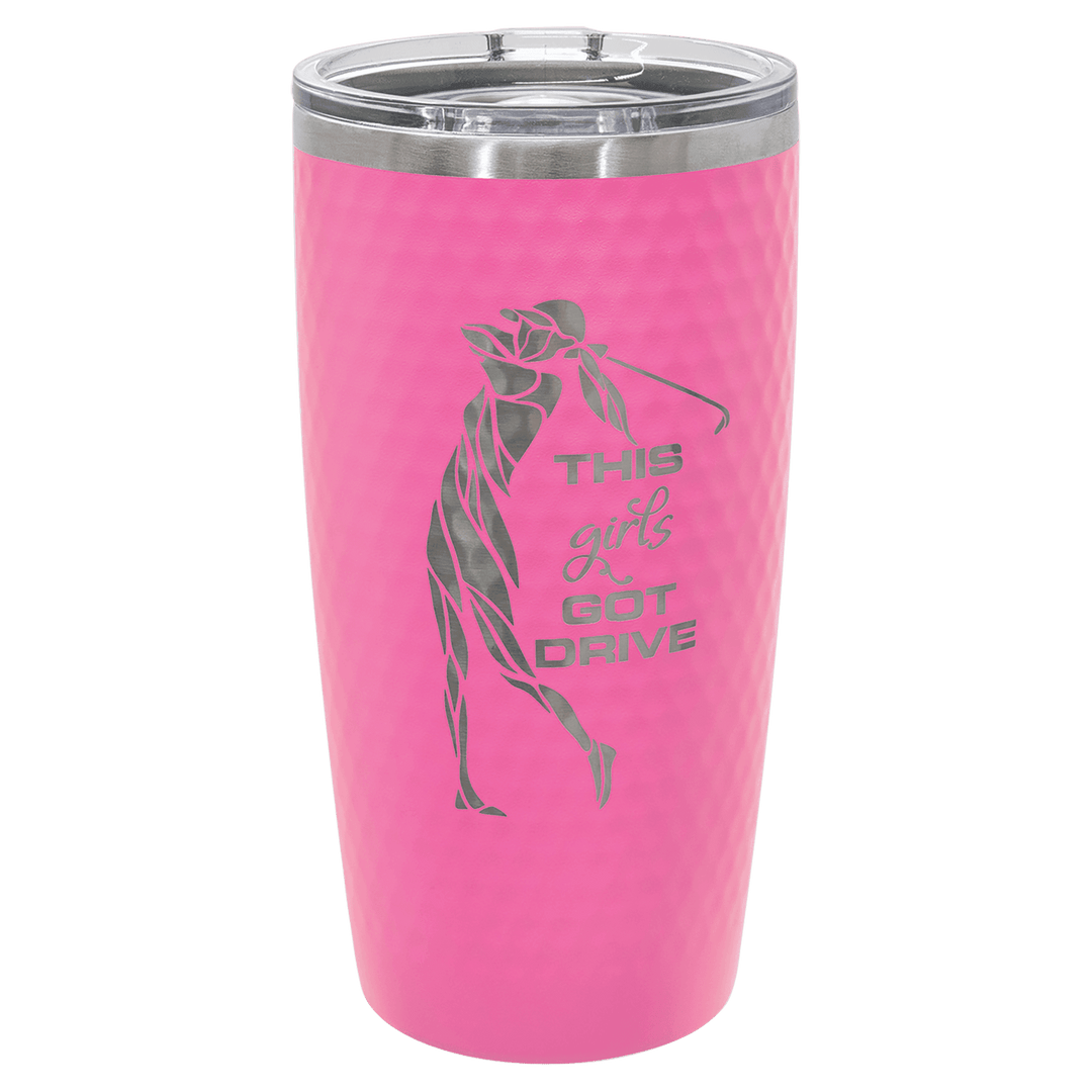 Pink golf ball dimple tumbler engraved with a woman golfer design