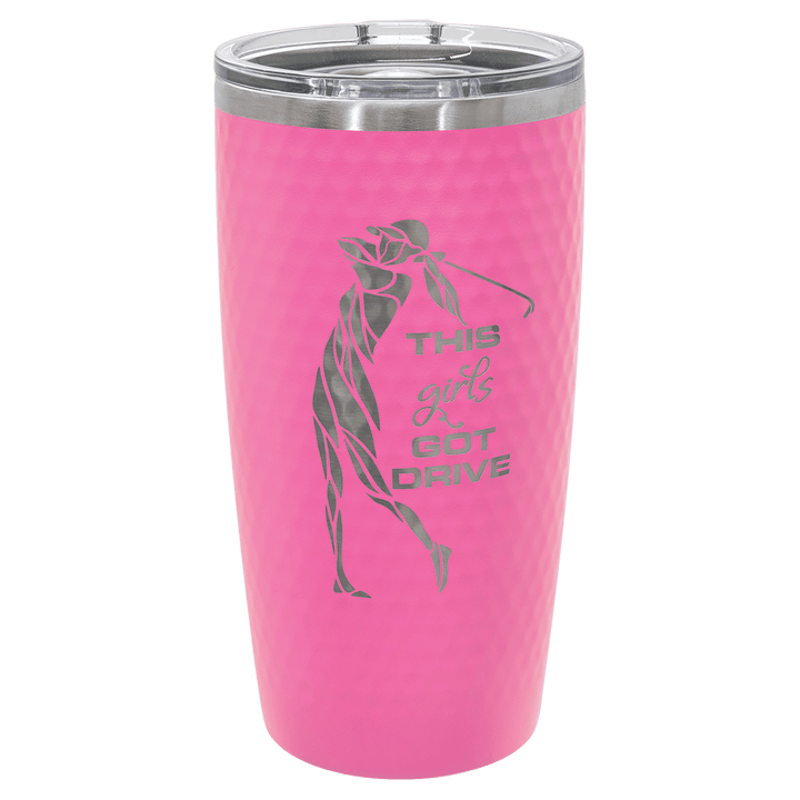Pink golf ball dimple tumbler engraved with a woman golfer design