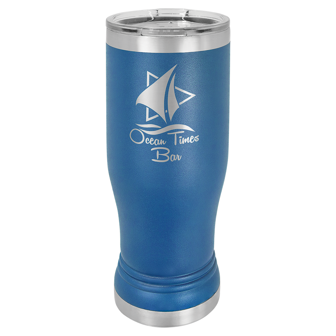 Blue insulated tumbler with stainless steel trim and sailboat logo with "Ocean Tunes Bar" engraved text.