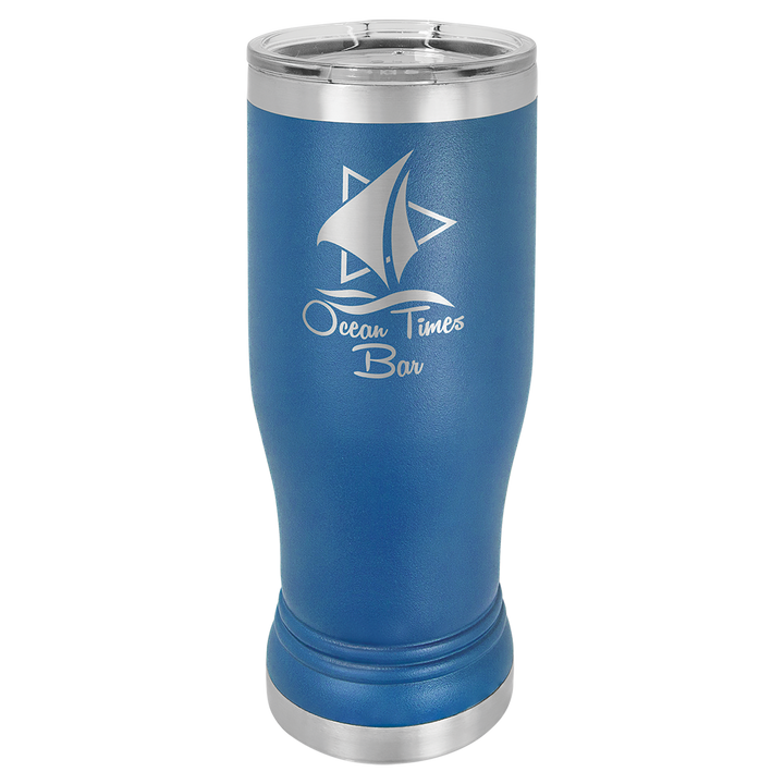 Blue insulated tumbler with stainless steel trim and sailboat logo with "Ocean Tunes Bar" engraved text.