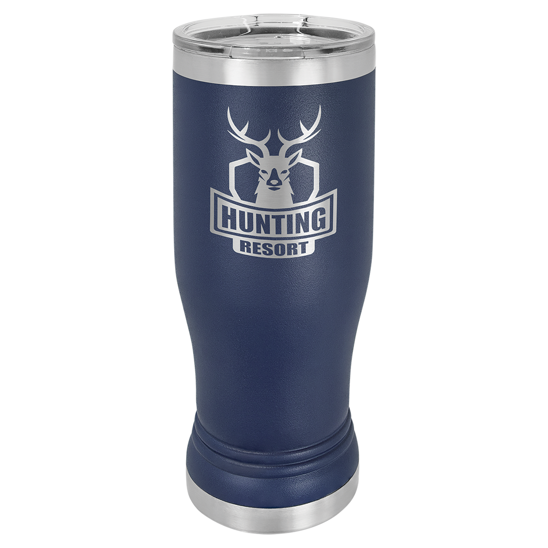 Navy insulated tumbler with stainless steel trim and deer buck logo with "Hunting Resort" text engraved on front