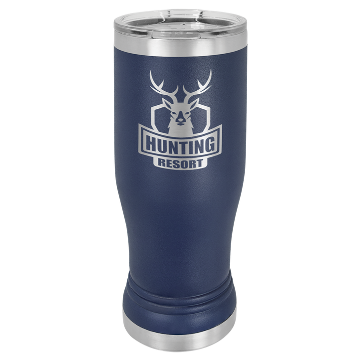 Navy insulated tumbler with stainless steel trim and deer buck logo with "Hunting Resort" text engraved on front
