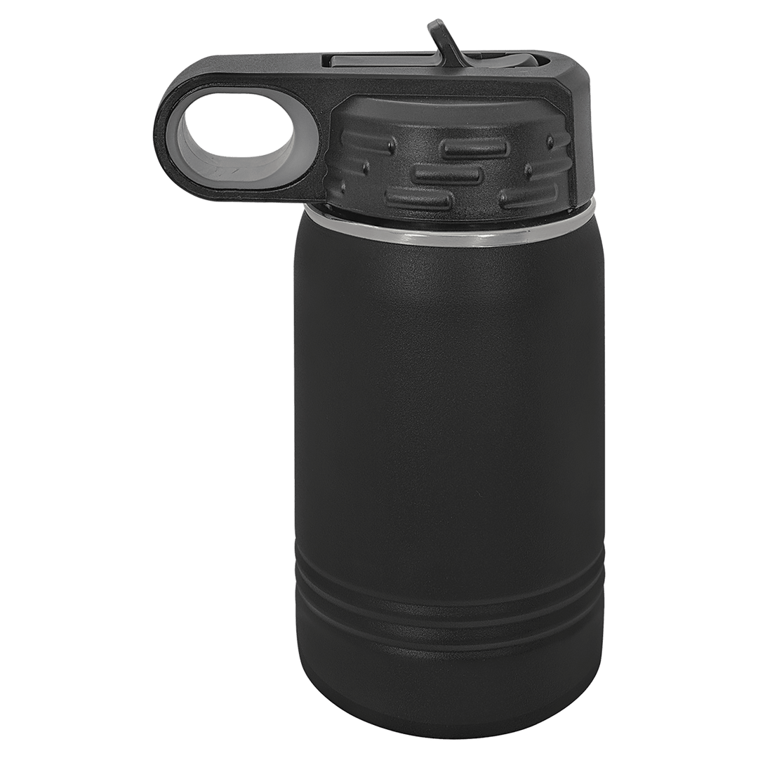 Black 12 oz water bottle with flip straw lid and carry loop