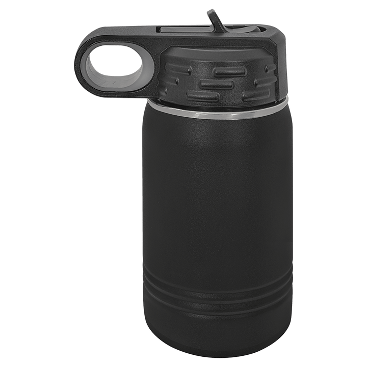 Black 12 oz water bottle with flip straw lid and carry loop