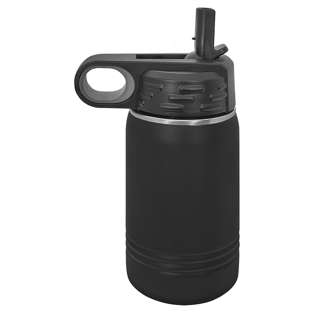 Black 12 oz water bottle with the straw raised