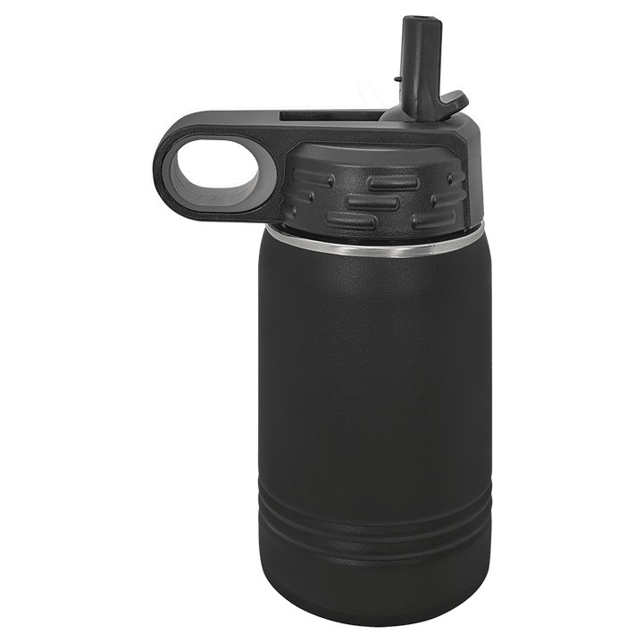 Black 12 oz water bottle with the straw raised