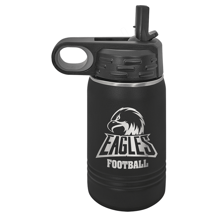 Black 12 oz water bottle engraved with an Eagles Football logo