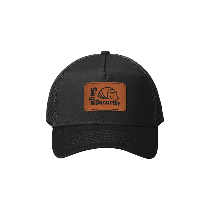 New Era NE205 Snapback Trucker in Black with a custom leatherette logo patch