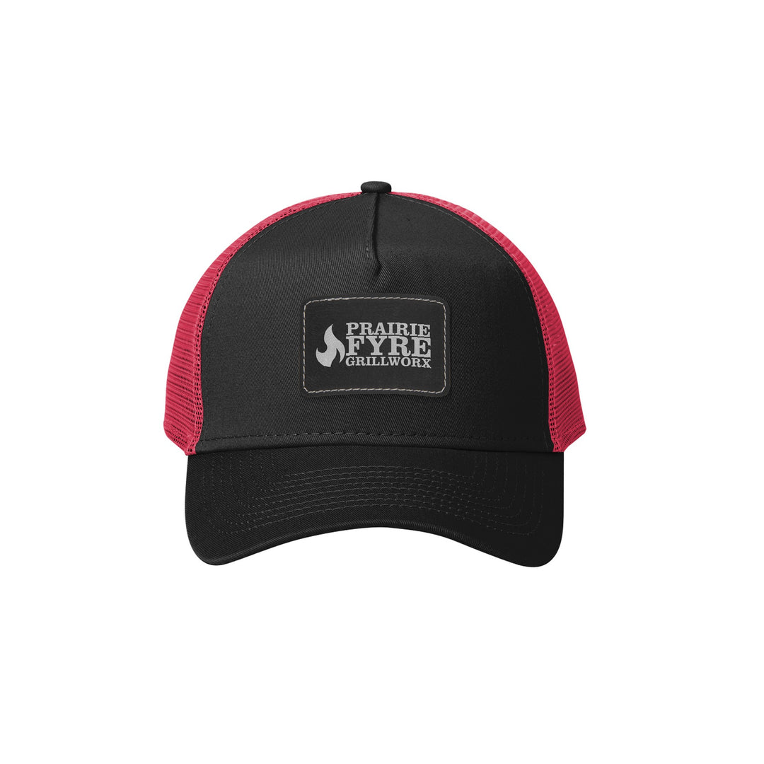 New Era NE205 Snapback Trucker in Black/Scarlet with a custom leatherette logo patch