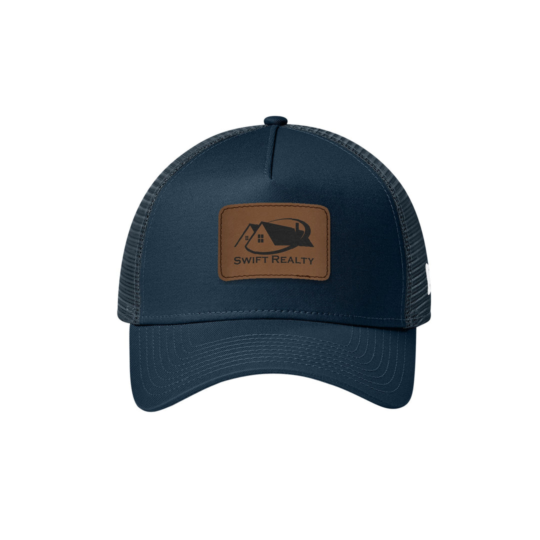 New Era NE205 Snapback Trucker in Deep Navy (Flag) with a custom leatherette logo patch