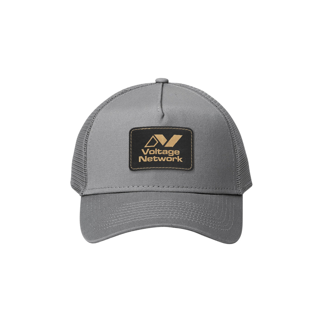 New Era NE205 Snapback Trucker in Grey with a custom leatherette logo patch