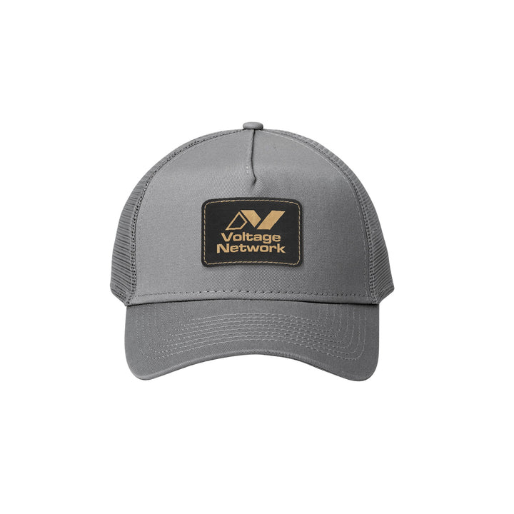 New Era NE205 Snapback Trucker in Grey with a custom leatherette logo patch