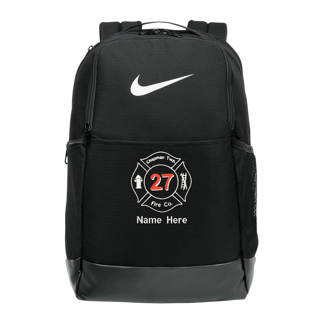 Nike Brasilia Medium Backpack in Black embroidered with a fire department Maltese cross and name