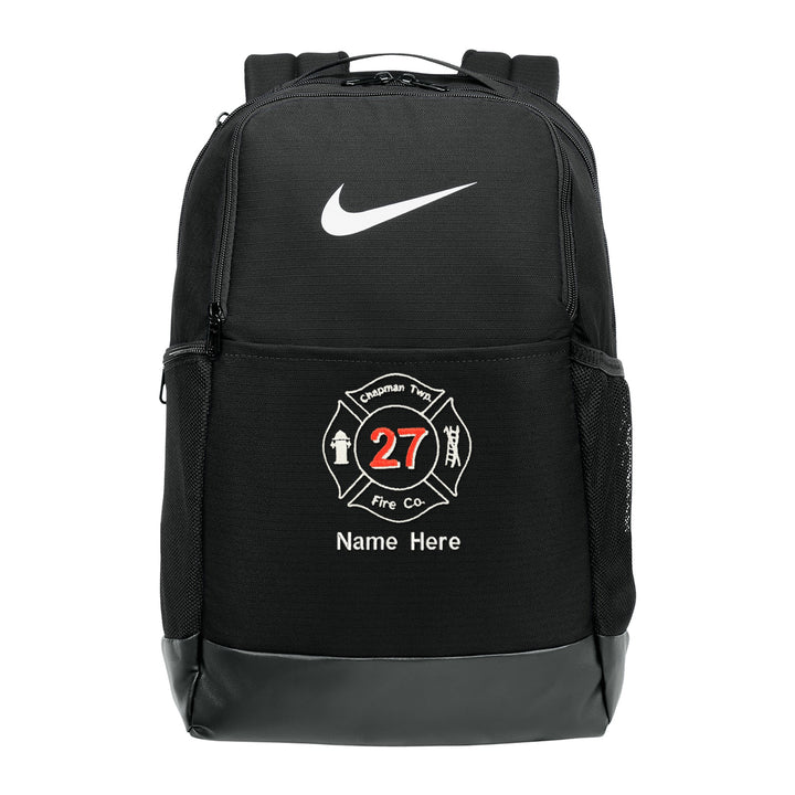 Nike Brasilia Medium Backpack in Black embroidered with a fire department Maltese cross and name