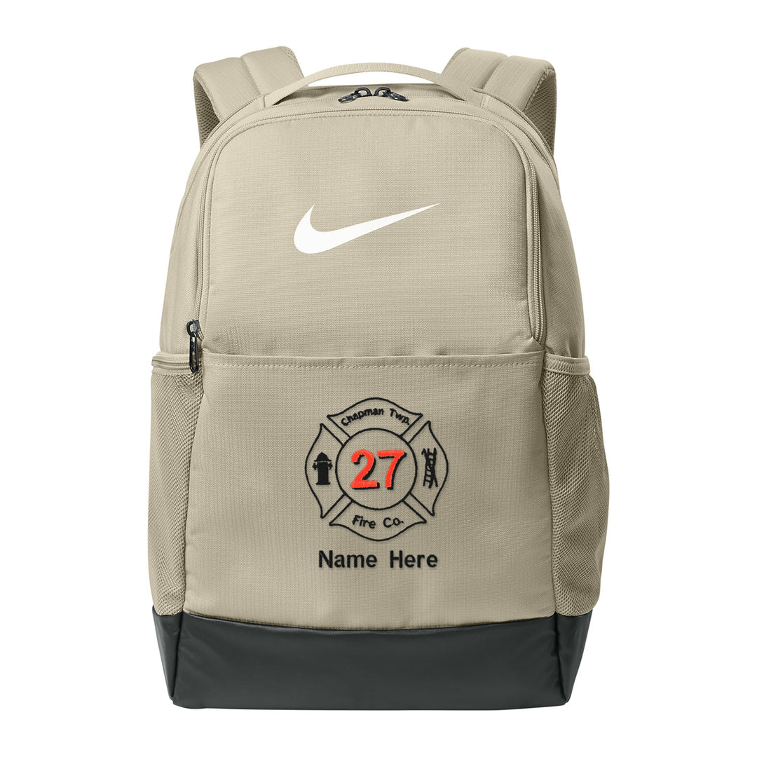 Nike Brasilia Medium Backpack in Desert Khaki embroidered with a fire department Maltese cross and name
