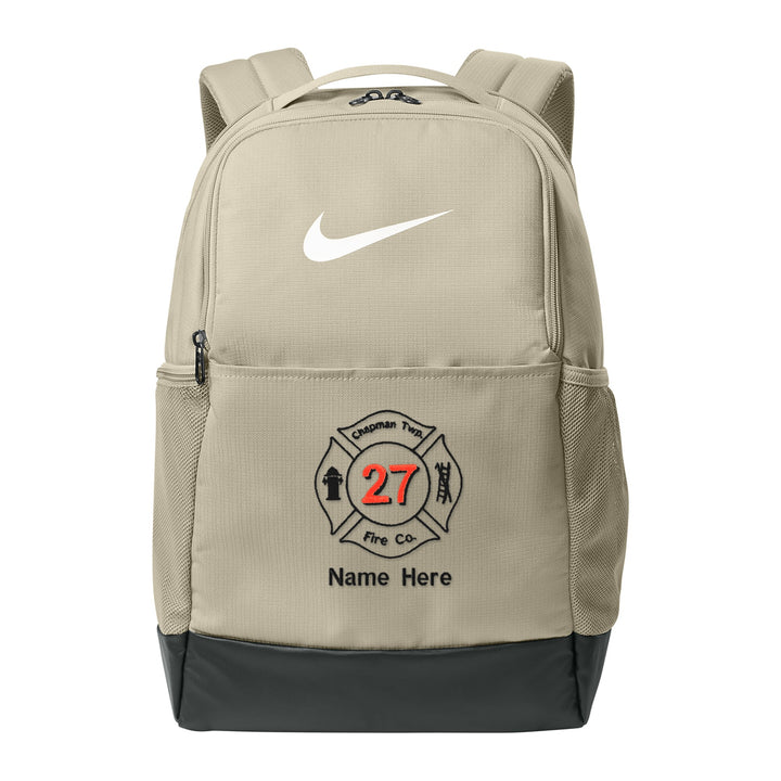 Nike Brasilia Medium Backpack in Desert Khaki embroidered with a fire department Maltese cross and name