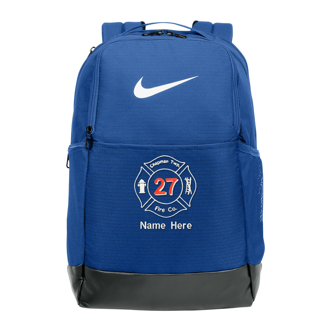 Nike Brasilia Medium Backpack in Game Royal embroidered with a fire department Maltese cross and name