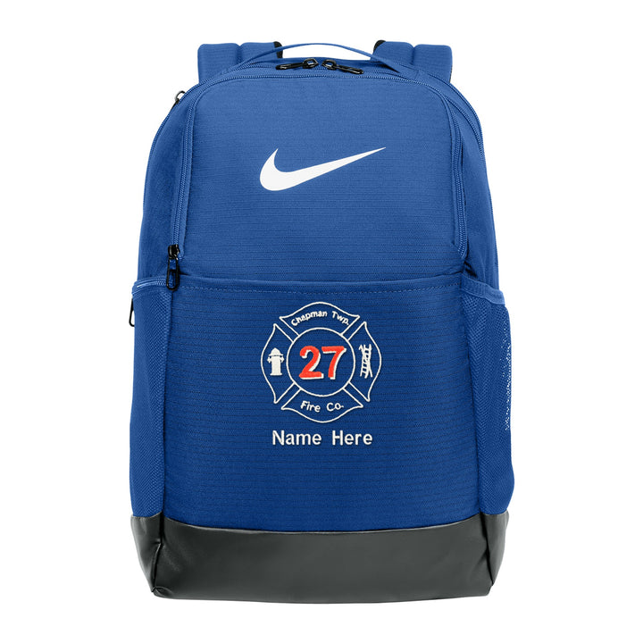 Nike Brasilia Medium Backpack in Game Royal embroidered with a fire department Maltese cross and name