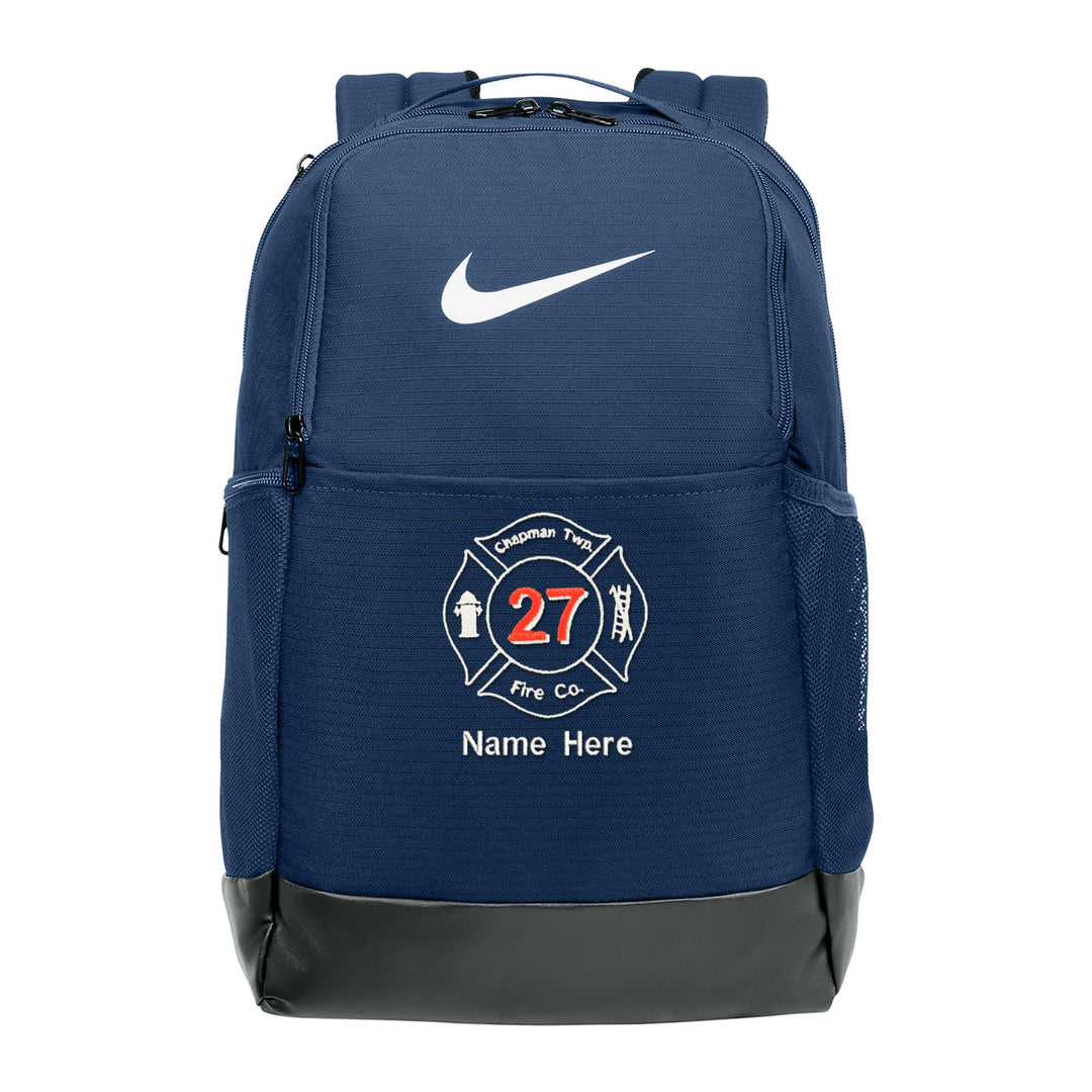 Nike Brasilia Medium Backpack in Midnight Navy embroidered with a fire department Maltese cross and name
