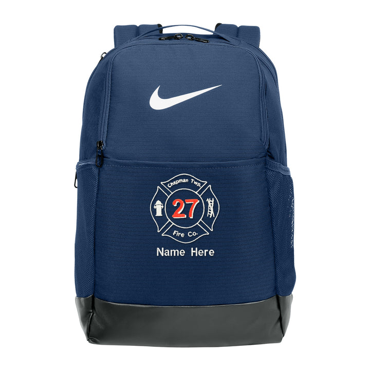Nike Brasilia Medium Backpack in Midnight Navy embroidered with a fire department Maltese cross and name