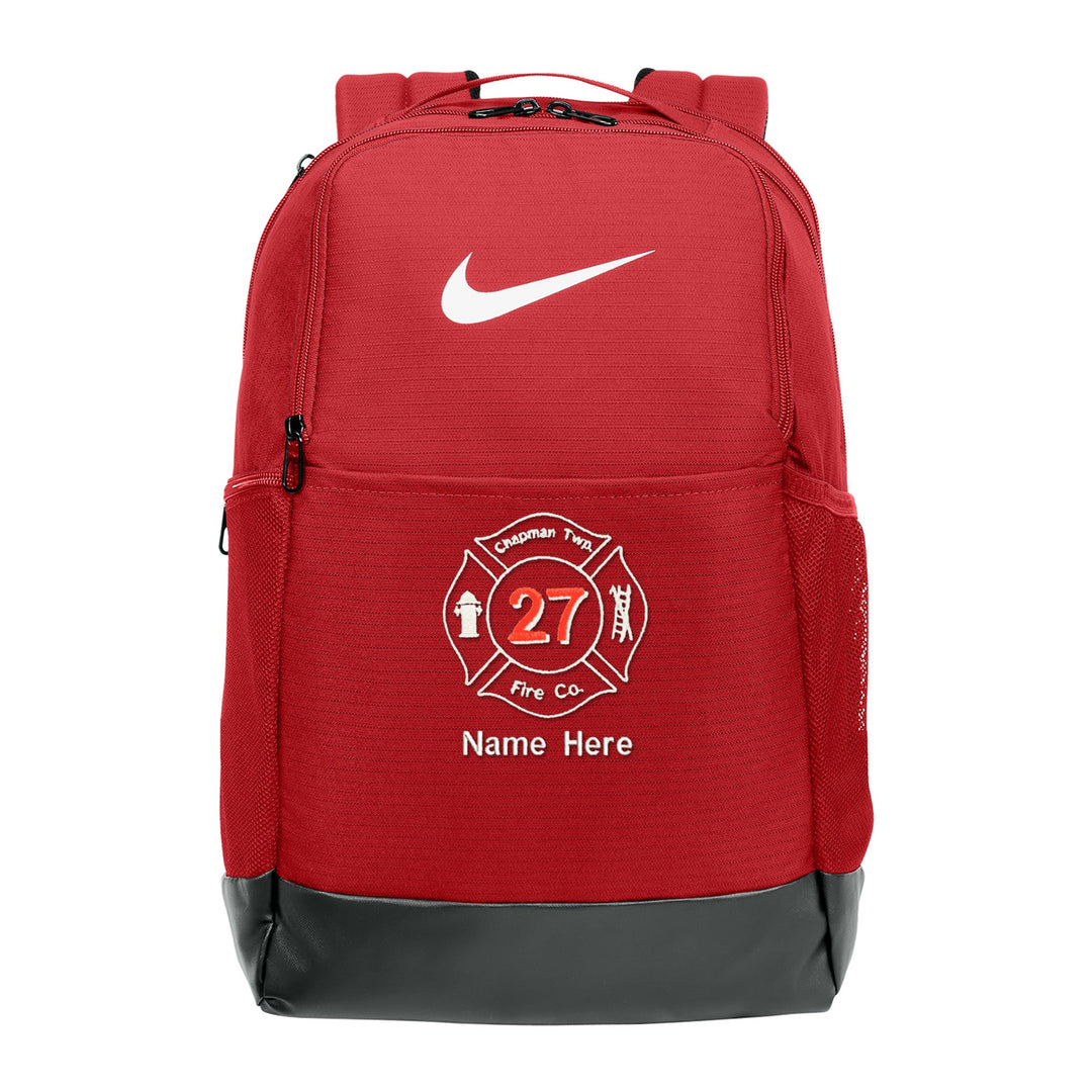 Nike Brasilia Medium Backpack in University Red embroidered with a fire department Maltese cross and name