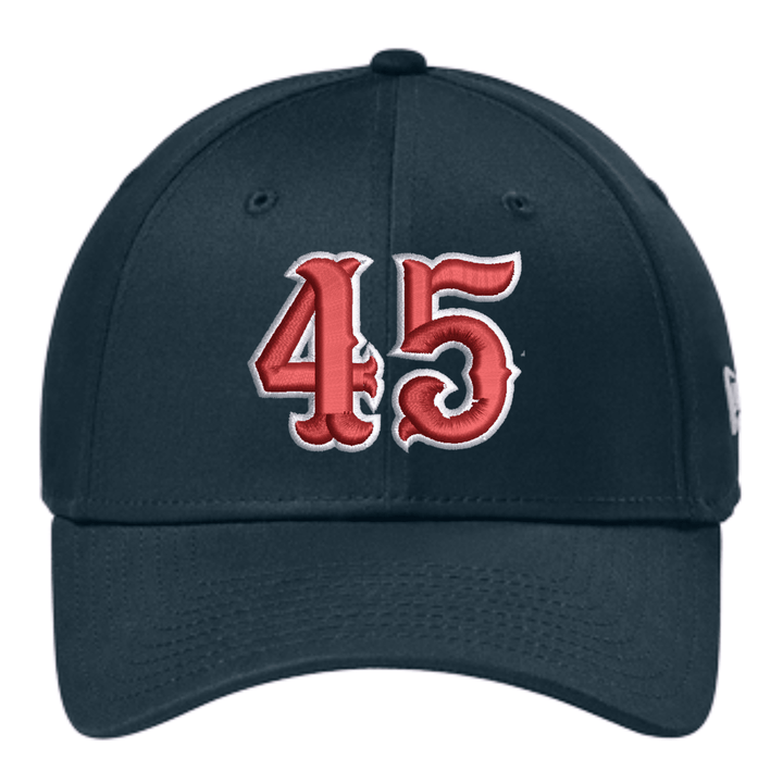 Deep navy New Era NE1000 stretch fit cap with a large red and white embroidered fire department number on the front panel