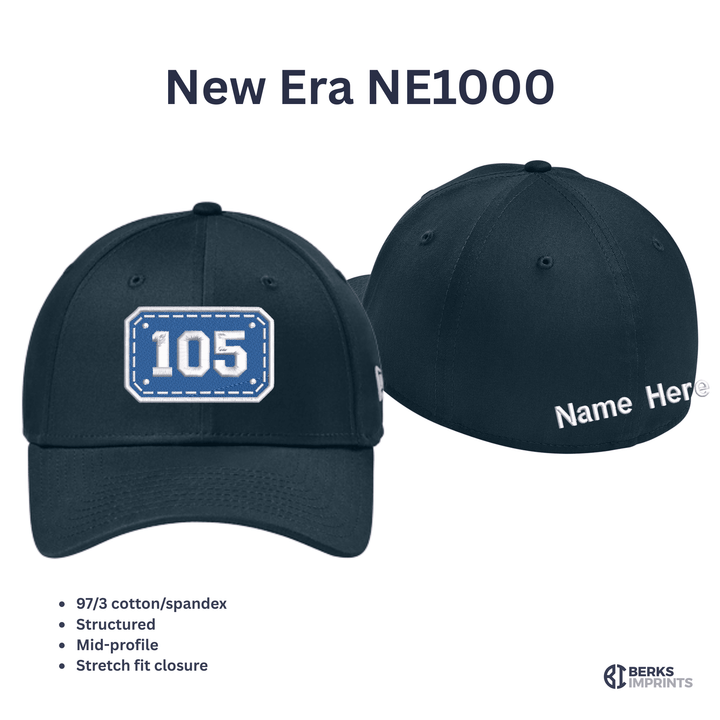 New Era NE1000 stretch fit cap shown front and back with fabric and fit specifications