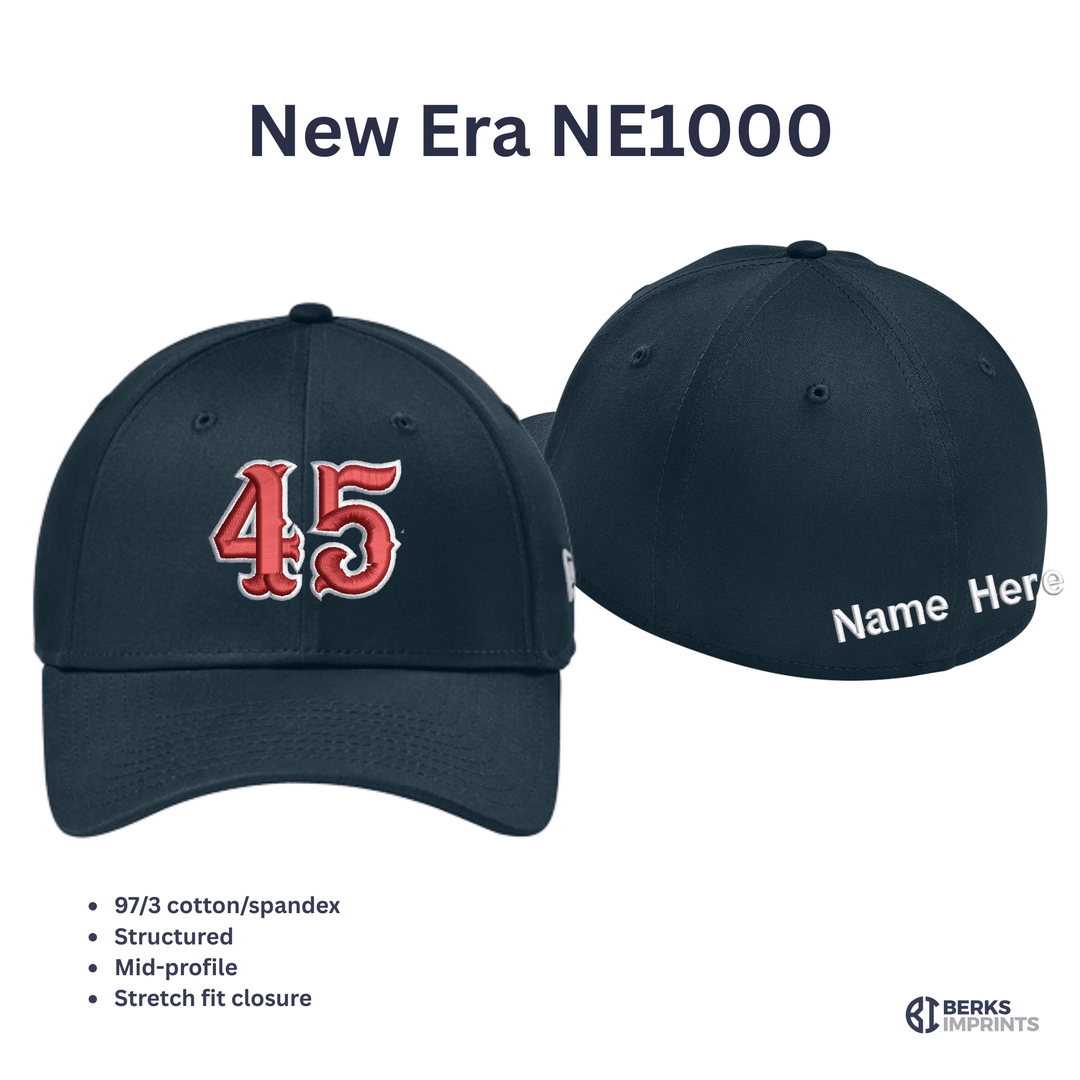 New Era NE1000 stretch fit cap shown front and back with fabric and fit specifications