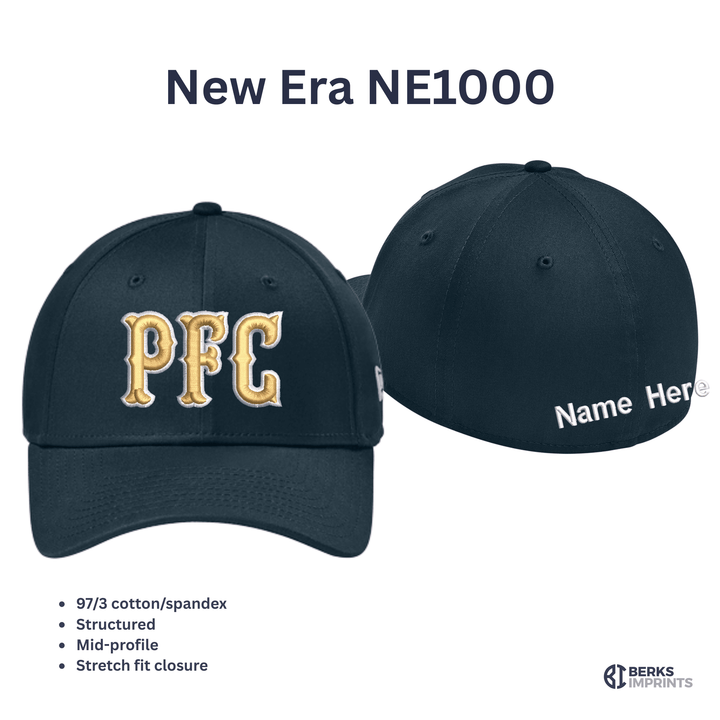 New Era NE1000 stretch fit cap shown front and back with fabric and fit specifications