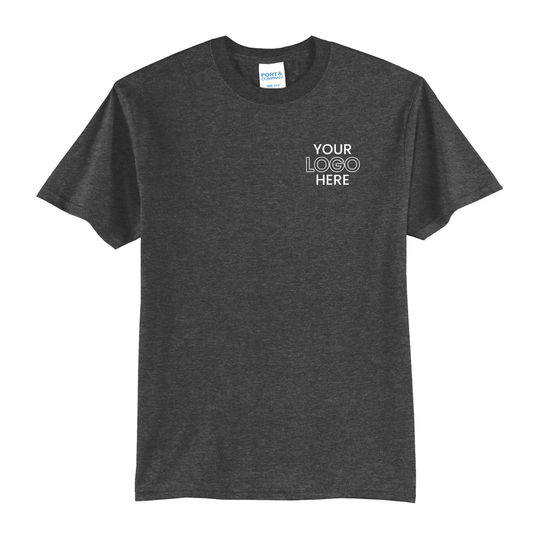 Dark Heather Grey Port &amp; Company PC55 tee with a sample logo on the left chest