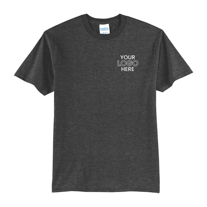 Dark Heather Grey Port &amp; Company PC55 tee with a sample logo on the left chest