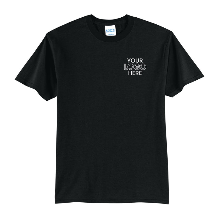 Jet Black Port &amp; Company PC55 tee with a sample logo on the left chest