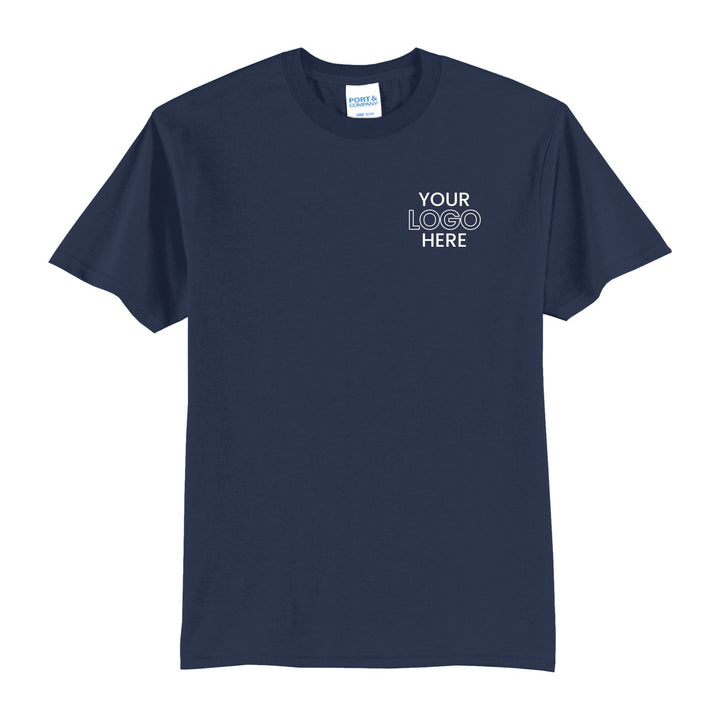 Navy Port &amp; Company PC55 tee with a sample logo on the left chest