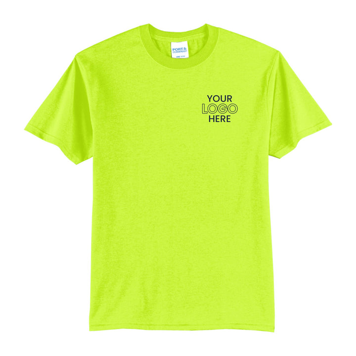 Safety Green Port &amp; Company PC55 tee with a sample logo on the left chest