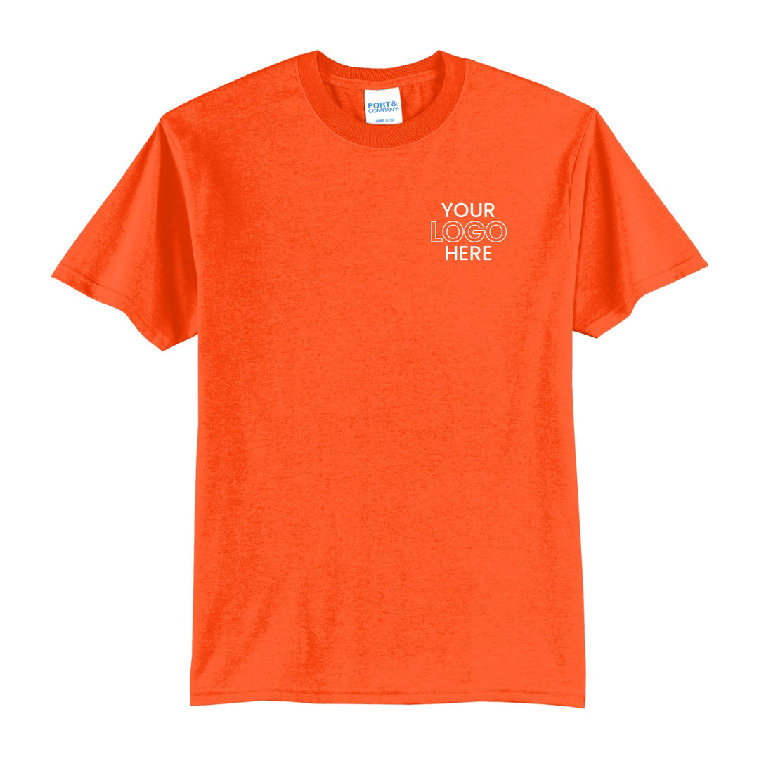 Safety Orange Port &amp; Company PC55 tee with a sample logo on the left chest