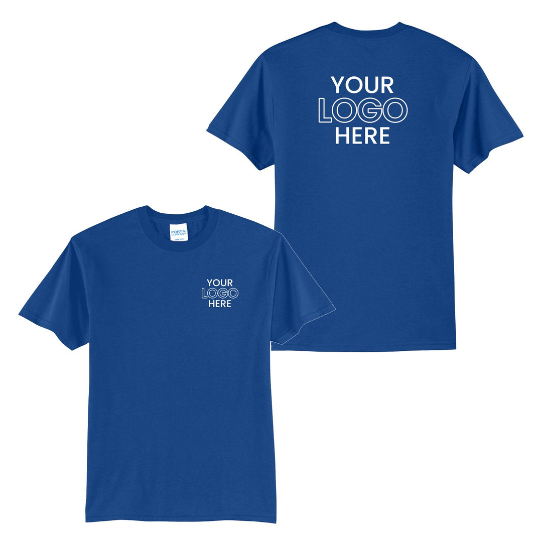Port & Company PC55 tee with a sample company logo on the left chest and full back, shown front and back