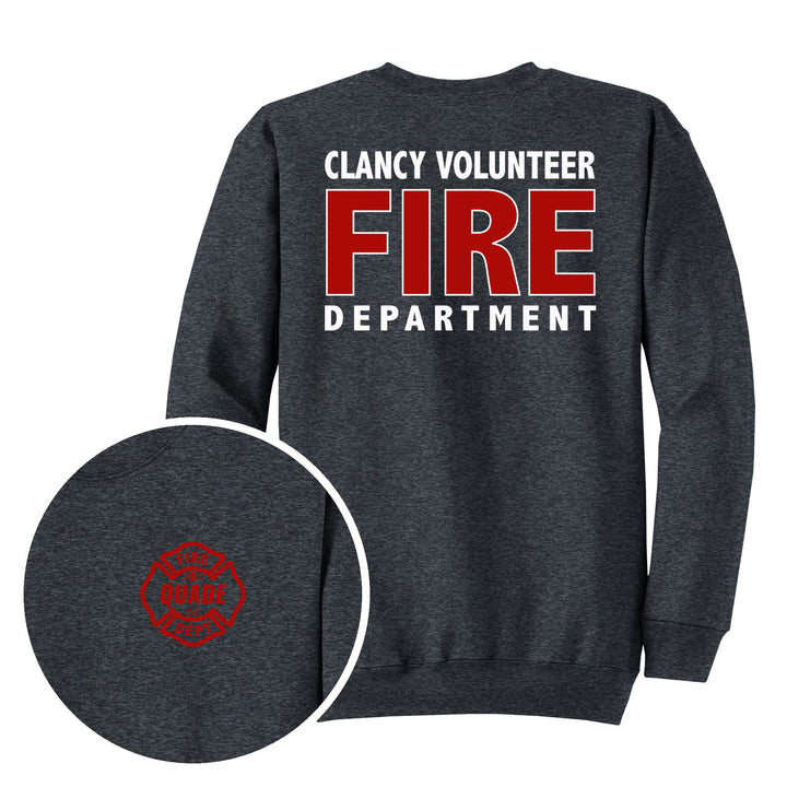 Dark Heather Grey crewneck — Personalized Local Fire Department Crewneck Sweatshirt — back print with front chest close-up