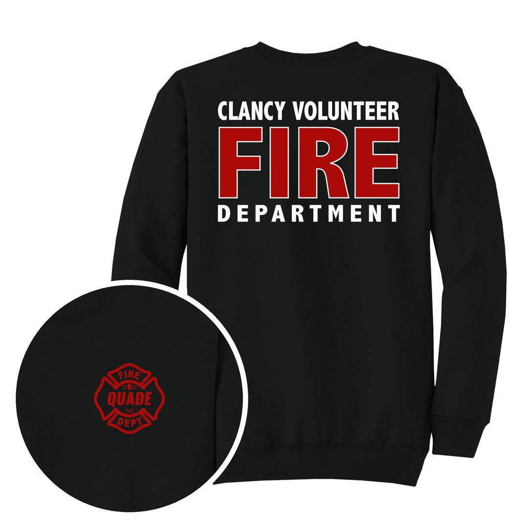 Jet Black crewneck — Personalized Local Fire Department Crewneck Sweatshirt — back print with front chest close-up