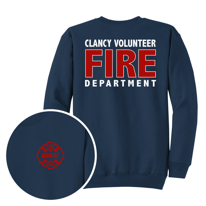 Navy crewneck — Personalized Local Fire Department Crewneck Sweatshirt — back print with front chest close-up