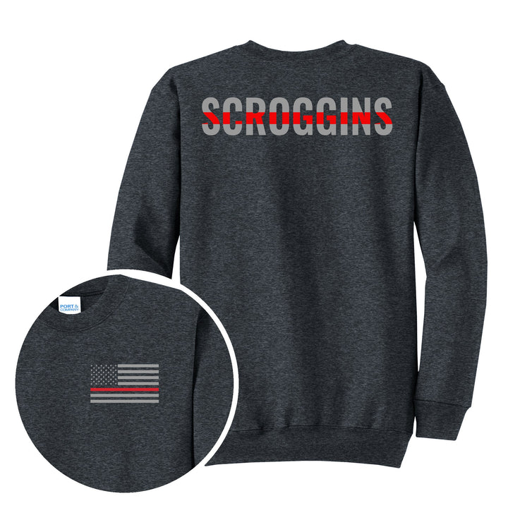 Dark Heather Grey crewneck — Personalized Thin Red Line Firefighter Crewneck Sweatshirt — back print with front chest close-up