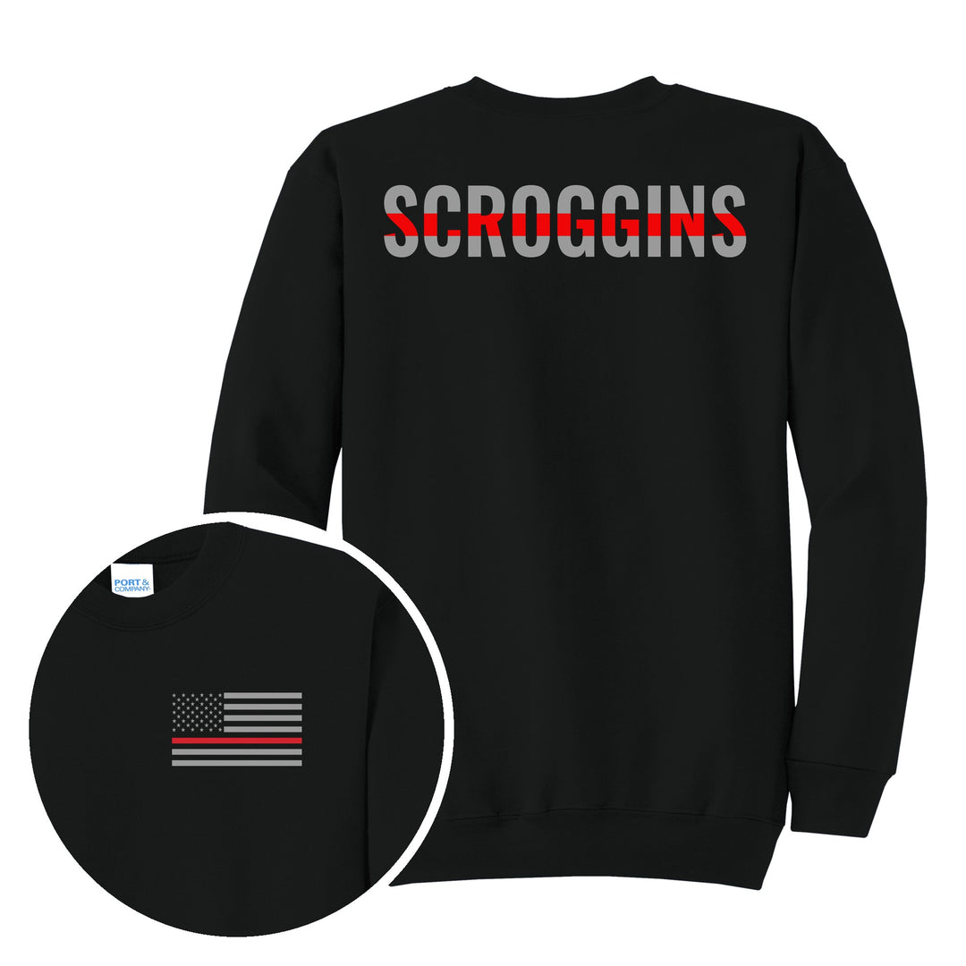 Jet Black crewneck — Personalized Thin Red Line Firefighter Crewneck Sweatshirt — back print with front chest close-up