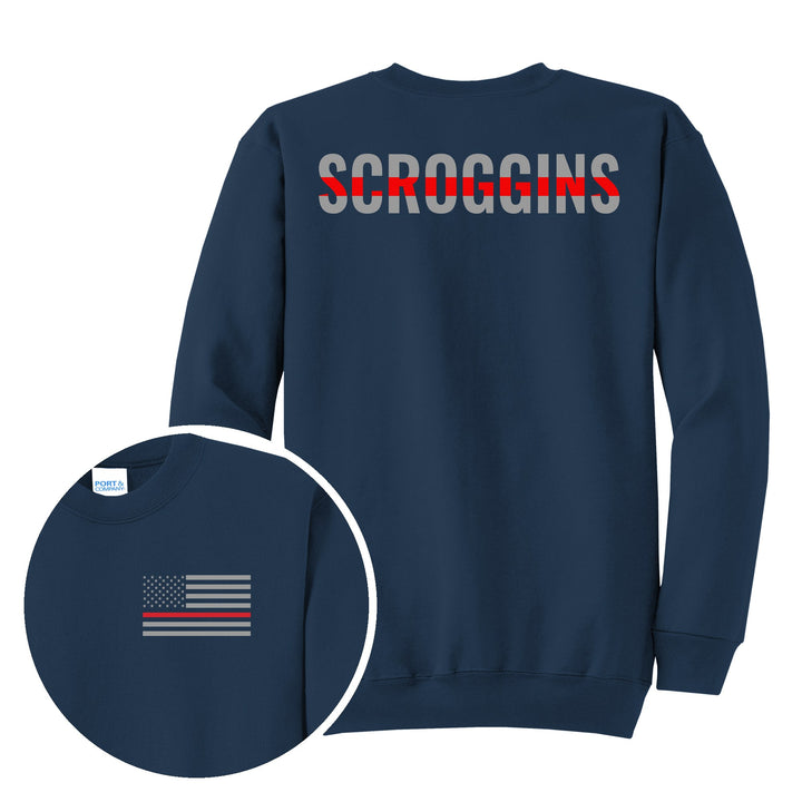 Navy crewneck — Personalized Thin Red Line Firefighter Crewneck Sweatshirt — back print with front chest close-up