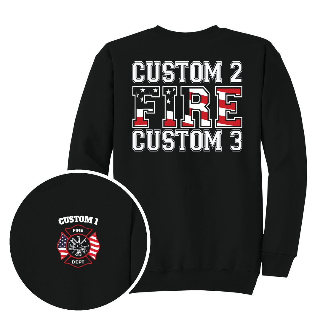 Jet Black crewneck — Maltese Cross &amp; Bold Back Print — back print with front chest close-up