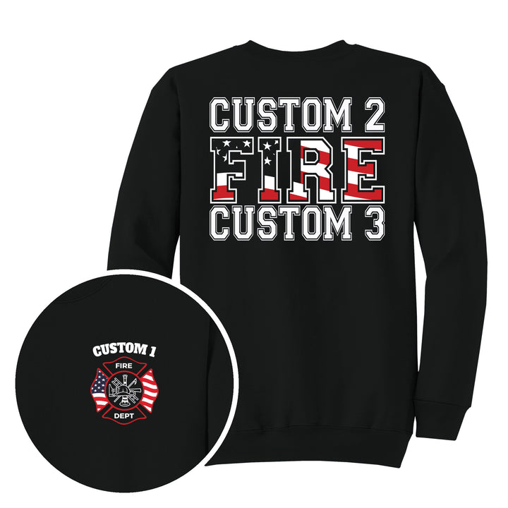 Jet Black crewneck — Maltese Cross &amp; Bold Back Print — back print with front chest close-up