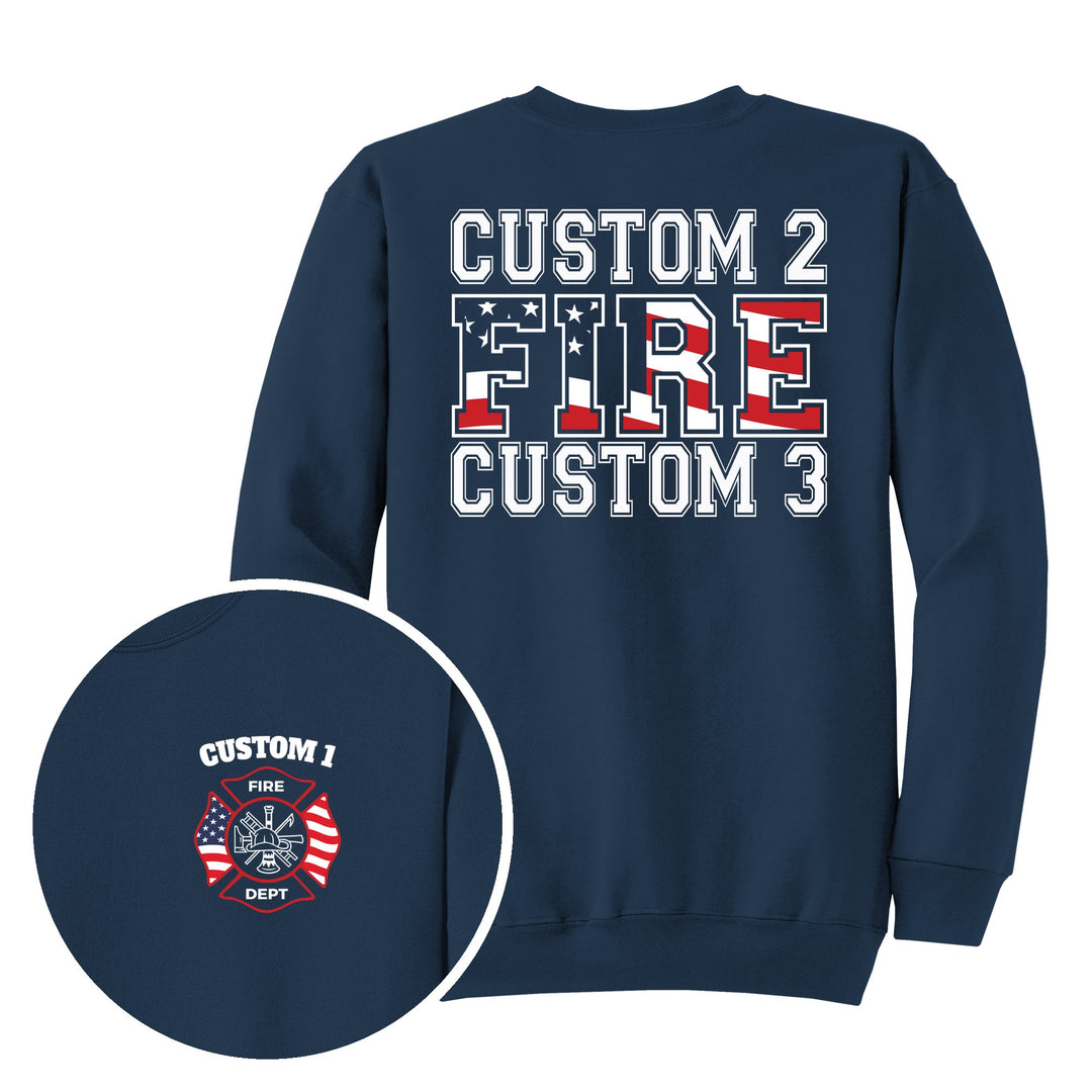 Navy crewneck — Maltese Cross & Bold Back Print — back print with front chest close-up
