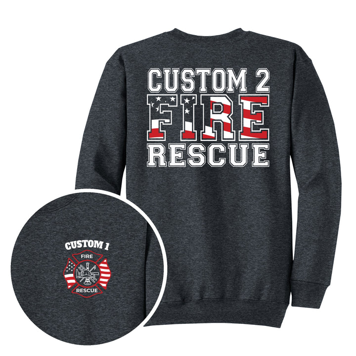 Dark Heather Grey crewneck — American Flag Maltese Cross — back print with front chest close-up